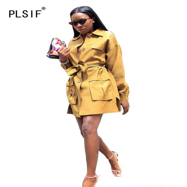 

high street brand fashion bright yellow lady sashes long trench autumn winter chic style casual fashion women's wear, Tan;black