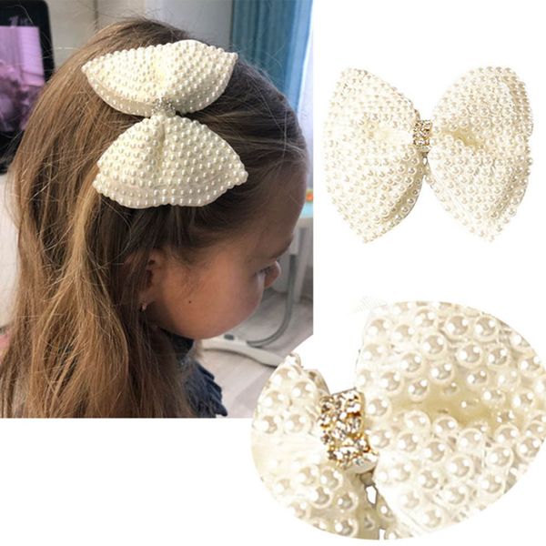 

white pearl hair bows with hair clips for girls kids boutique layers bling rhinestone center bows hairpins hair accessories