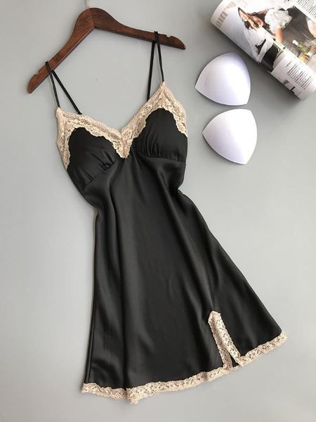 

women's sleepwear 2021 spaghetti strap women nightdress with pad split ends female lingerie, Black;red
