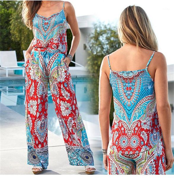 

sleeveless womens designer rompers summer long pants suits casual loose womens jumpsuits with belt floral spaghetti strap, Black;white
