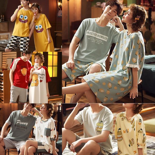 

21evd couple short-sleeved wo nightdress casual student home wear summer 2-piece suit couple short-sleeved women's nightdress casual st, Blue;red