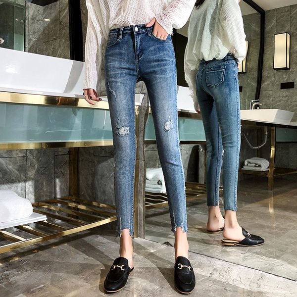 

jeans female spring 2019 new style with holes thin slim fit slimming fashion high-waist ankle-length tight-fit students skinny p, Blue