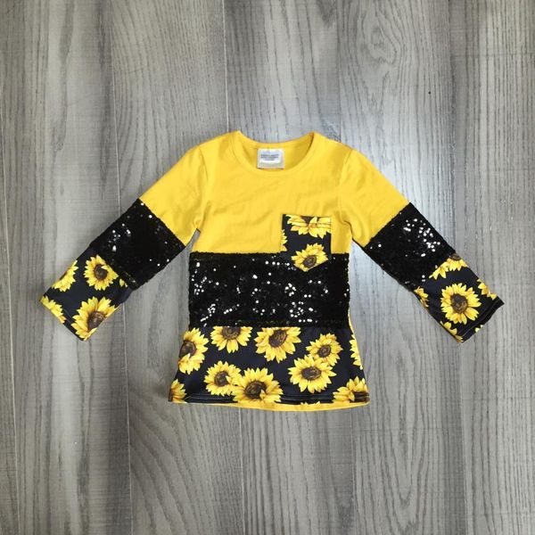 

spring/winter baby girls boutique t-shirts clothes black mustard sunflower pocket cotton children sequins raglan long sleeve, White
