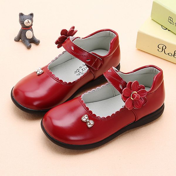 

leather shoes kids girls shoes new fashion flower children flat princess bowtie sneakers kids for girls single, Black;grey