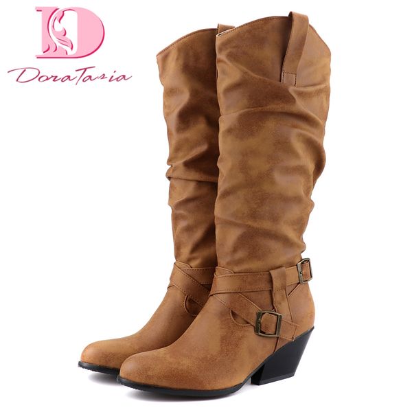 

doratasia big size 48 western boots woman shoes mid calf boot woman chunky heels shoes slip on autumn winter boots, Black