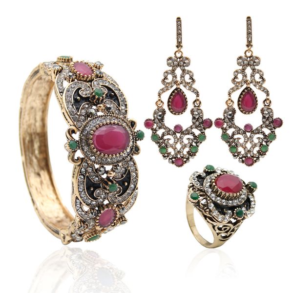 

специальное предложение turkish vintage ювелирные наборы 3 шт женщины браслет манжета длинный крюк мотаться серьги круглый смола античный ко, Silver