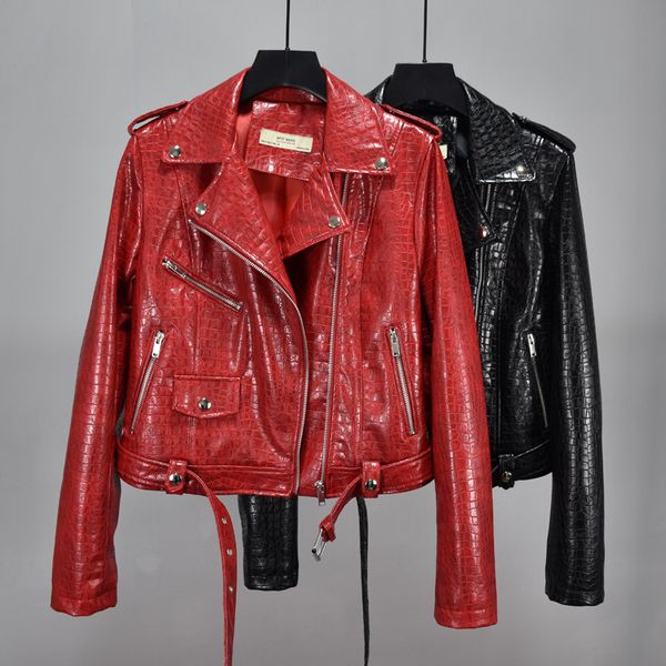 

fashion brand glossy crocodile pattern patent leather pu leather jacket female street style glossy jacket f1147 dropship, Black