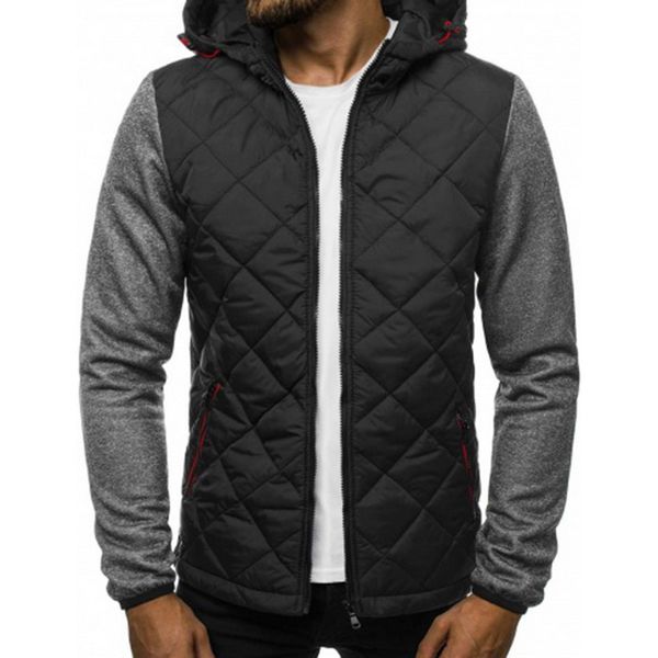 

adisputent men's causal winter warm solid color argyle zipper hooed jacket coat mens diamond plaid stitching hooded cotton coat, Black