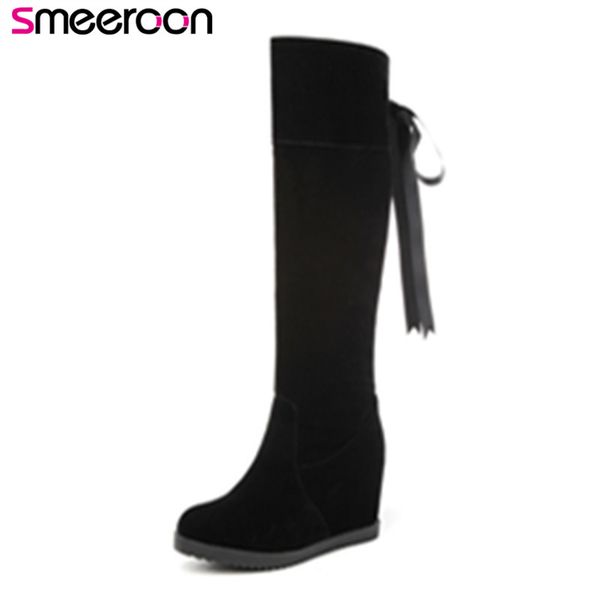 

smeeroon 2018 new women boots round toe high heels knee high boots for women autumn winter slip on party shoes black