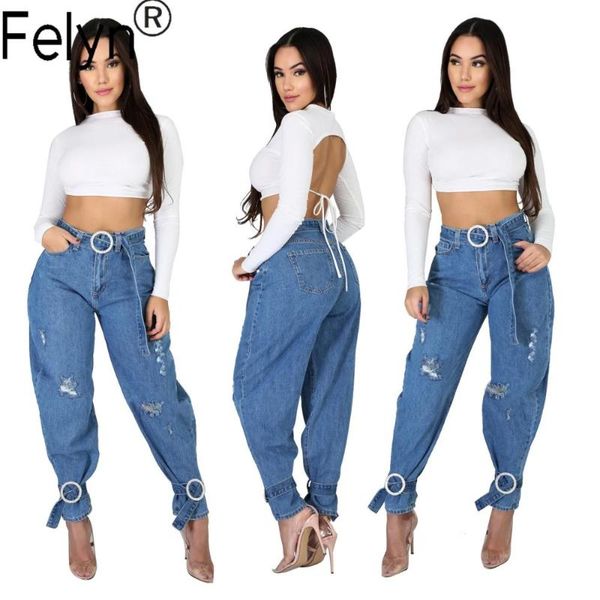 

felyn 2020 ins internet celebrity famous jeans rip belt diamond spring wear джинсовые брюки bb3174, Blue