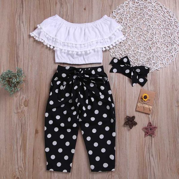 

summer baby girl casual slash neck design t-shirt with polka dot print pants headband set, White