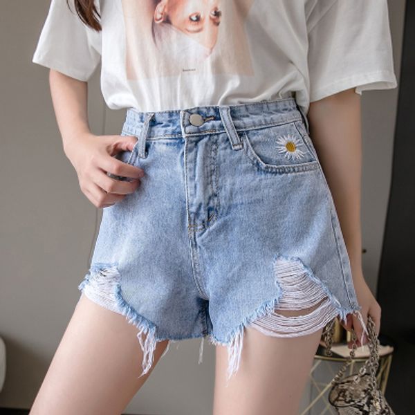 

women's shorts summer vintage women jeans harajuku kawaii embroidery small daisy denim high waist holes short mujer, White;black