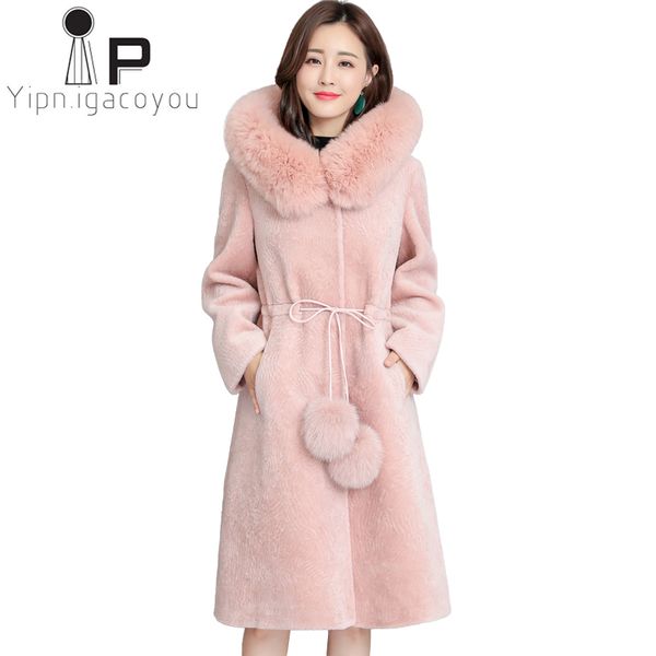 

fur collar hooded faux fur coat women winter long fake jacket women overcoat plus size elegant thick warm outwear female, Black