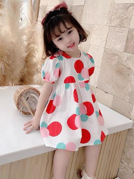 

idyllic style sweet beauty girl bubble sleeve dress summer dot pattern a word dress small and medium children clothes, Red;yellow