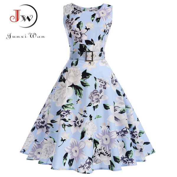 

vestidos vintage dress summer floral print sleeveless party dresses 50s 60s elegant rockabilly pin up dress with belt, Black;gray