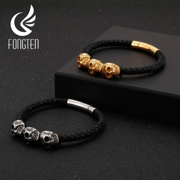 

fongten genuine cowhide leather rope bracelet charm gold silver stainless steel braided men bracelets, Golden;silver