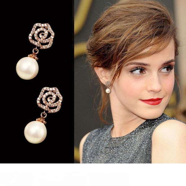 

classic fashion designer diamond super fashion glittering camellia elegent pearl pendant stud drop dangle earring for wom, Golden;silver