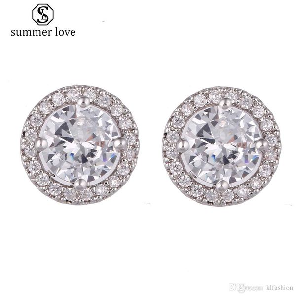 

new arrival 10mm cube zirconia round stud earring for women girl fashion gold plated antiallergy pin earring jewelry gift, Golden;silver