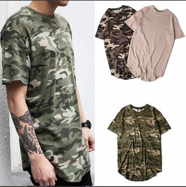 

summer solid curved hem camo t-shirt men longline extended camouflage hip hop tshirts urban kpop tee shirts mens clothing, White;black