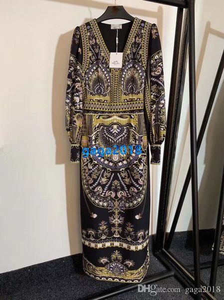 

high end женщины девушки рубашка платье пэчворк печати старинные длинные рукава сплит a-line миди юбка милан взлетно-посадочной полосы мода, Black