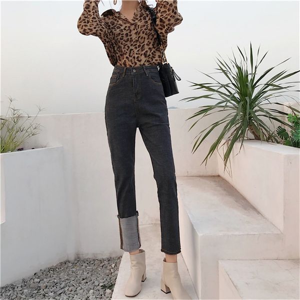 

реальный выстрел 2020 новая мода ретро асимметричные завитые девять очков джинсы свободная эластичность была тонкой повседневные брюки женщи, Blue