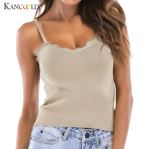 

kancoold women's v-neck slim sleeveless knit vest flower lace paneling sling vintage sashes fashion new femme 2018dec25, White
