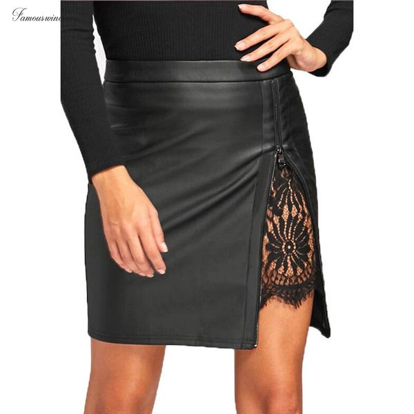 

новое прибытие юбки карандаш pu кожаный карандаш sexy женщин мода лето кружева цветочные лоскутная юбки высокой талией женщины юбки, Black