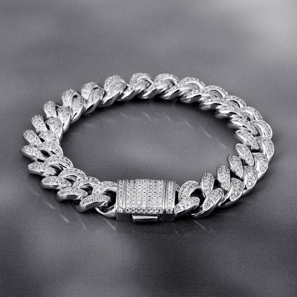 

hip hop bling cuban bracelet 12mm white gold iced out cuban chain link mens cz iced bracelet for men women hip hop jewelry, Golden;silver