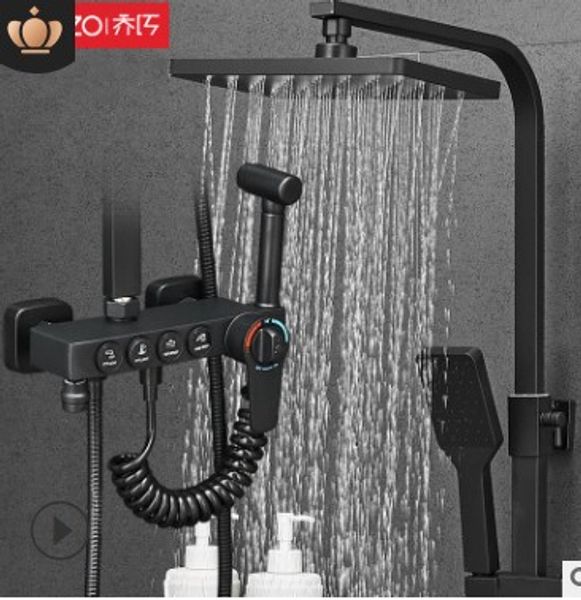 

2020 black european bathroom intelligent constant temperature shower button all copper faucet shower set household to