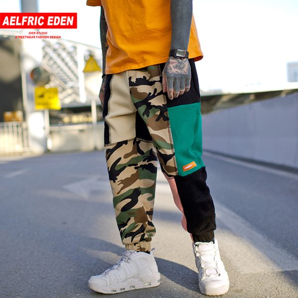 

aelfric eden vintage color block men sweatpants patchwork camo joggers 2018 hip hop skateboard active streetwear sportswear ur02, Black