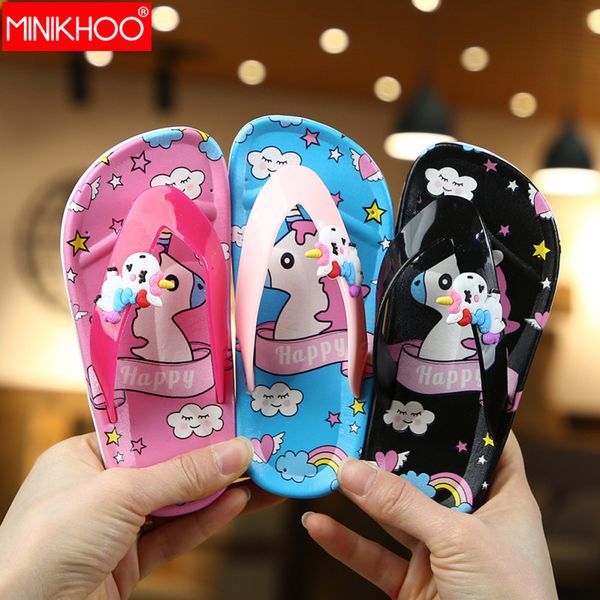 

2020 new children' slipper boy girl beach cartoon shoes unicorn kids cute horse flip flops toddler summer house baby slippers, Black;grey