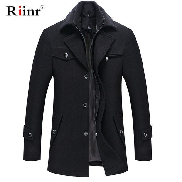 

2019 autumn winter men casual coat thicken woolen trench coat business male solid classic overcoat medium long jackets, Black