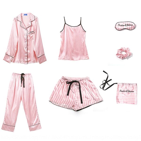 

autumn sling pajamas women's striped pajamas seven-piece suit ice silk sling long-sleeved home clothes suit, Blue;red