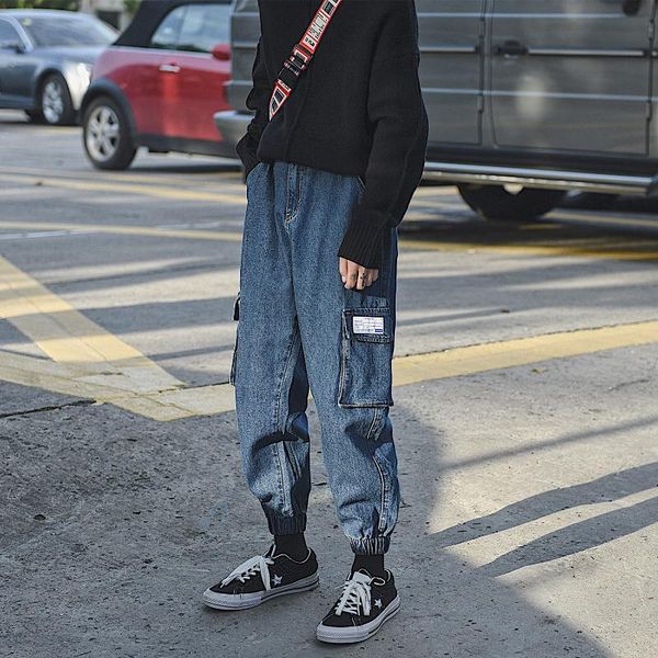 

men high street fashion hip hop loose cargo jeans denim harem pant male casual trousers streetwear joggers sweatpants, Blue