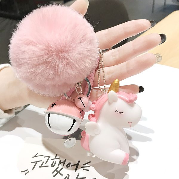 

kawaii unicorn plush keychain fur pom pom fluffy ball bell kids women bag key pendant