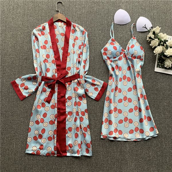 

satin 2pcs sleep set female casual sleepwear kimono gown women nighty&robe suit intimate lingerie print bathrobe nightgown, Black;red