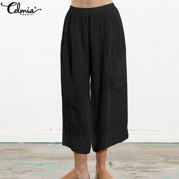 

2020 celmia vintage women high elastic waist wide leg pants palazzon femme summer casual pockets loose pleated palazzo plus size, Black;white
