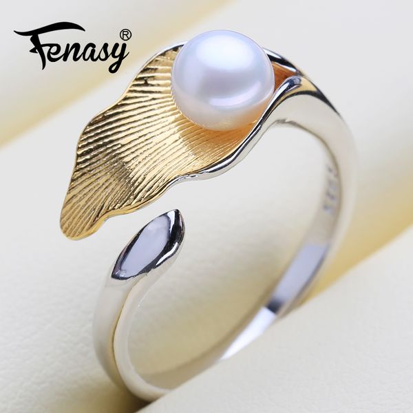 

fenasy 925 sterling silver ring female leaf shape natural freshwater pearl rings for women fine jewelry, Golden;silver