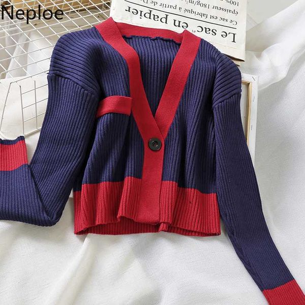 

neploe hit color short sweater coat 2020 new single button long sleeve v-neck knitted cardigan korean causal knitwear 4b555, White