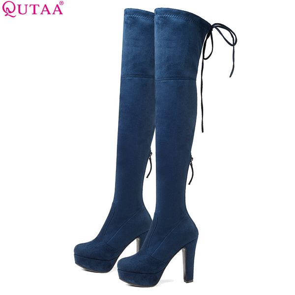 

qutaa 2020 women winter shoes platform over the knee high shoes plartorm lace up keep warm squae high heel women boots size34-43, Black