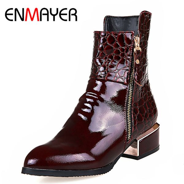 

enmayer square heels shoes woman pointed toe women boots plus size 34-42 ankle boots for women motorcycle boots shoe zippers, Black