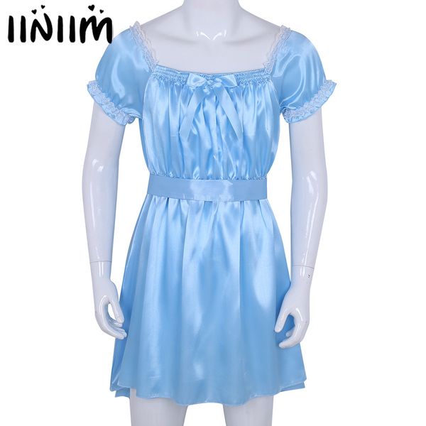 Iiniim Disfraces sexy para hombre Lencería Babydoll Brillante Suave Satén Crossdress Masculino Con Sash Sissy Ropa interior Lencería Sexy Hot Erótico Y19070202