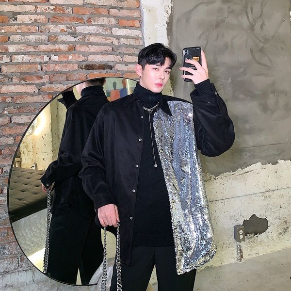 

2019 spring and autumn new youth popular personality sequins mosaic retro loose casual shirt jacket male tide black -xl, White;black