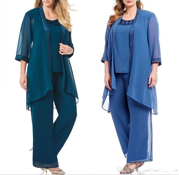 

2019 Elegant Chiffon Mother Of The Bride Pant Suits With Jackets Plus Size Wedding Guest Dress Chiffon Long Elegant Mothers Groom Dresses