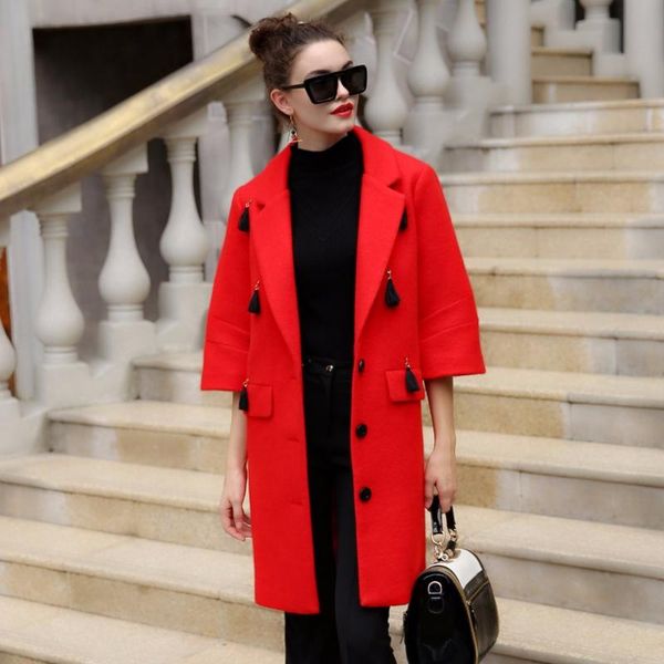 

manteau femme winter coat women warm wool coat long women's cashmere fashion jacket outwear flare sleeve manteau 66135a, Black