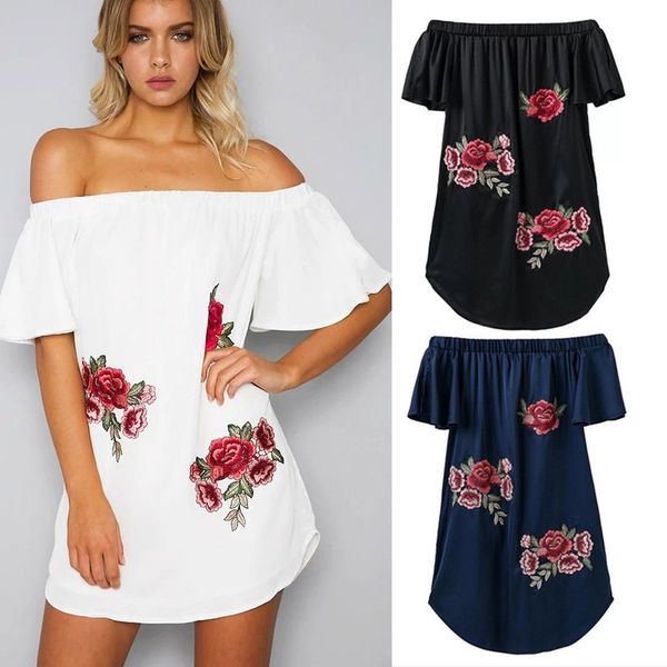 

flower print beach women dress new fashion summer casual off shoulder women flare sleeve elegant party dresses black, Black;gray