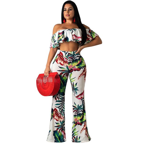 

floral print off shoulder two piece set women ruffles strapless crop and wide leg pants suit summer boho beach club outfits, White