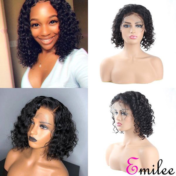 

emilee deep wave human hair wig half lace front bob wigs for black women indian virgin remy hair lace bob wigs 10 inch, Black;brown