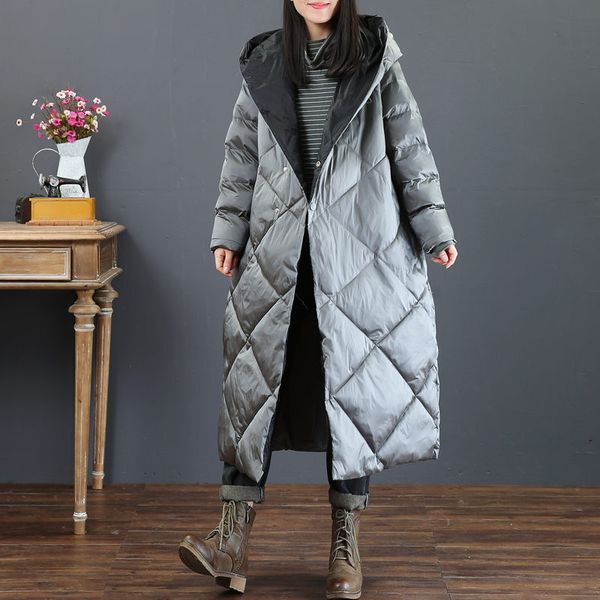 

single-breasted retro long down cotton coat women lightweight fashion casual warm loose parka jacket hooded abrigo mujer f2183, Black