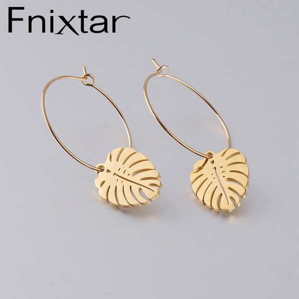 

fnixtar mirror polished stainless steel palm tree leaf charm earring for women summer beach earrings wholesale 5pairs/lot, Silver